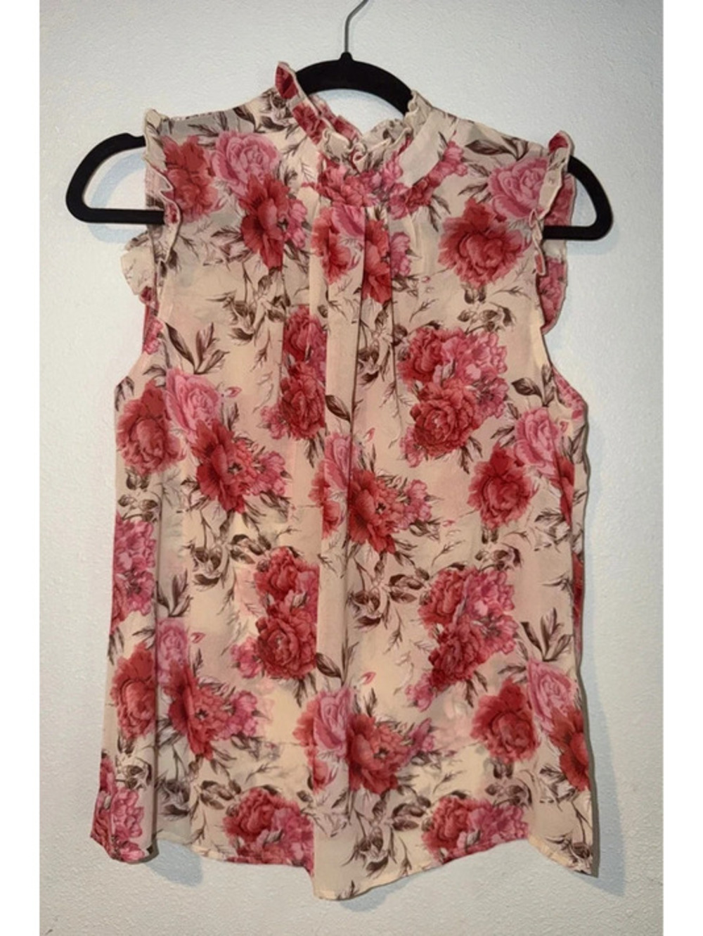 SHEIN Women’s Pink Floral Ruffle Mock Neck Sleeveless Blouse Size Medium